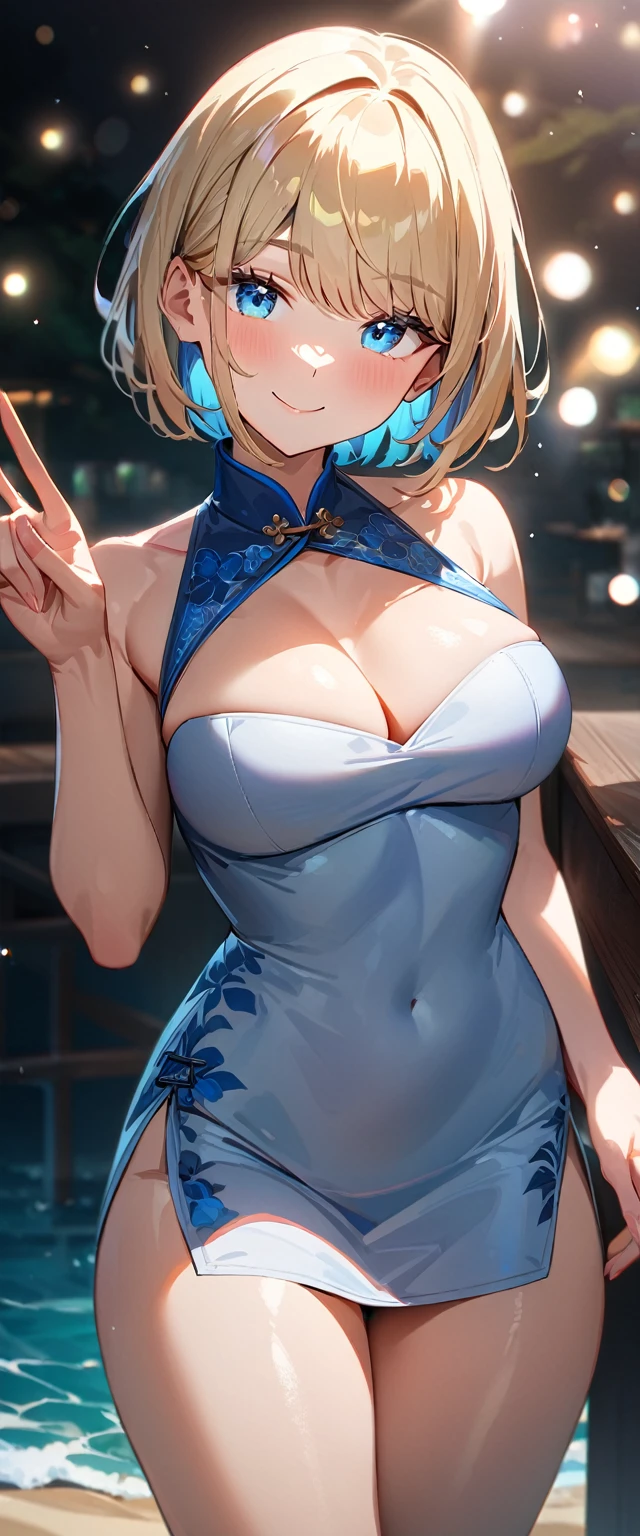 (((One girl))), ((beach)), noon, blond hair, bob cut, breasts, from front, (cowboy shot), standard body, (looking at viewer), ((Qipao)), teenager, head tilt:1.3, (((blue eye))), ((happy smile)), anime style, (best quality, 4k, 8k, highres, masterpiece:1.2, ultra-detailed, ultra-detailed eyes, HDR, UHD, studio lighting, ultra-fine painting, sharp focus, physically-based rendering, extreme detail description, professional, vivid colors, bokeh), ((Highest quality, Best image quality, Ultra-high resolution, Ultra-high resolution, solo, Strong eye highlights)), Depth of written boundary, Natural soft light, attractive, Beautiful Face, Cleanliness, Pure Face, nedium chest, Beautiful Face, Perfect Fingers, Perfect hands, Perfect body, Perfect Face, Shine a light into your eyes, Perfect Anatomy