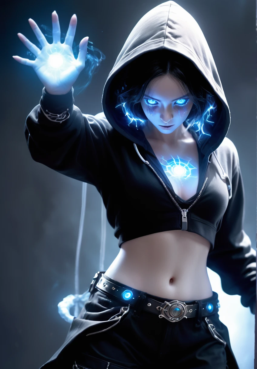 ((Dark)),epic,8k,fantasy,ultra detailed,Magic,((hood)),(hoodie),((((hair over one eye)))),
casting spell,blackhole,menancing,((glowing eyes)) ((BLUE eyes)),((glowing)),((Bloom)),magnificent,Masterpiece,absurdres,best quality,standing,1girl,human,evil,evil grin,apocalypse,destruction,end of the world,crazy eyes,Crazy,psycothic,looking down,superior,(sadistic),((demoniac)),spear,spectral,ghostly,circle,rim,rim light,crescent,abyssal,
Shorts,groin,hip bones,hip lines cowboy shot,Magic Circle,excessive energy,scifi,abyssaltech,dark energy,ethereal,dissolving,see-through,abyss,antitech,scifi,pure energy,thighs,