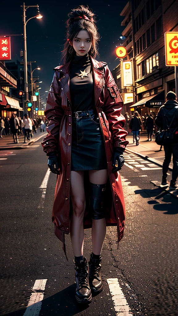 
Woman wearing black star with jacket Standing in the middle of the road at night, neon lights background