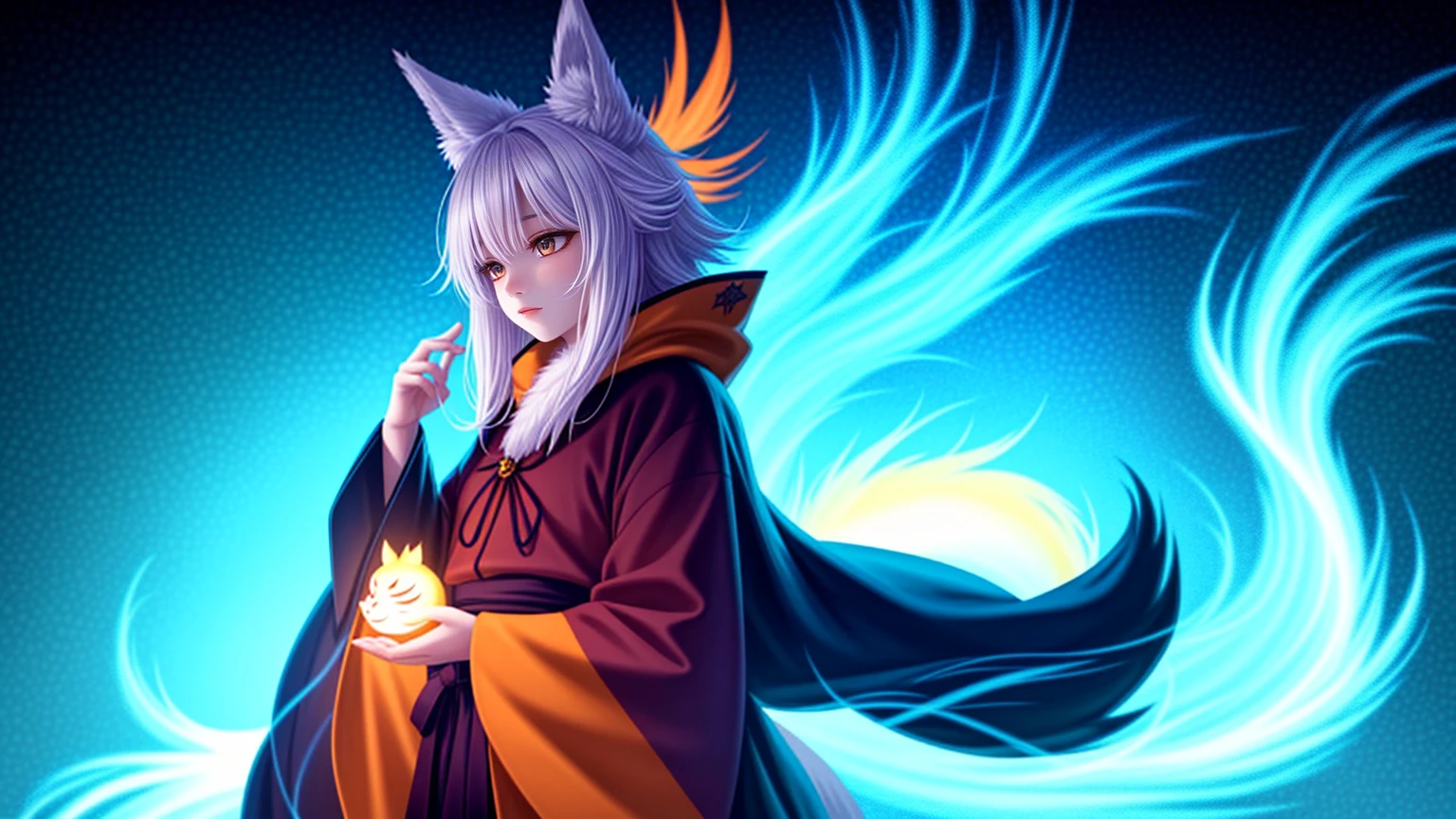 1girl,solo,, official art, unity 8k wallpaper, ultra detailed, beautiful and aesthetic, beautiful, masterpiece, best quality,, Kitsune witch, fox mask, haori jacket, foxfire spell, fox familiar, transformation,