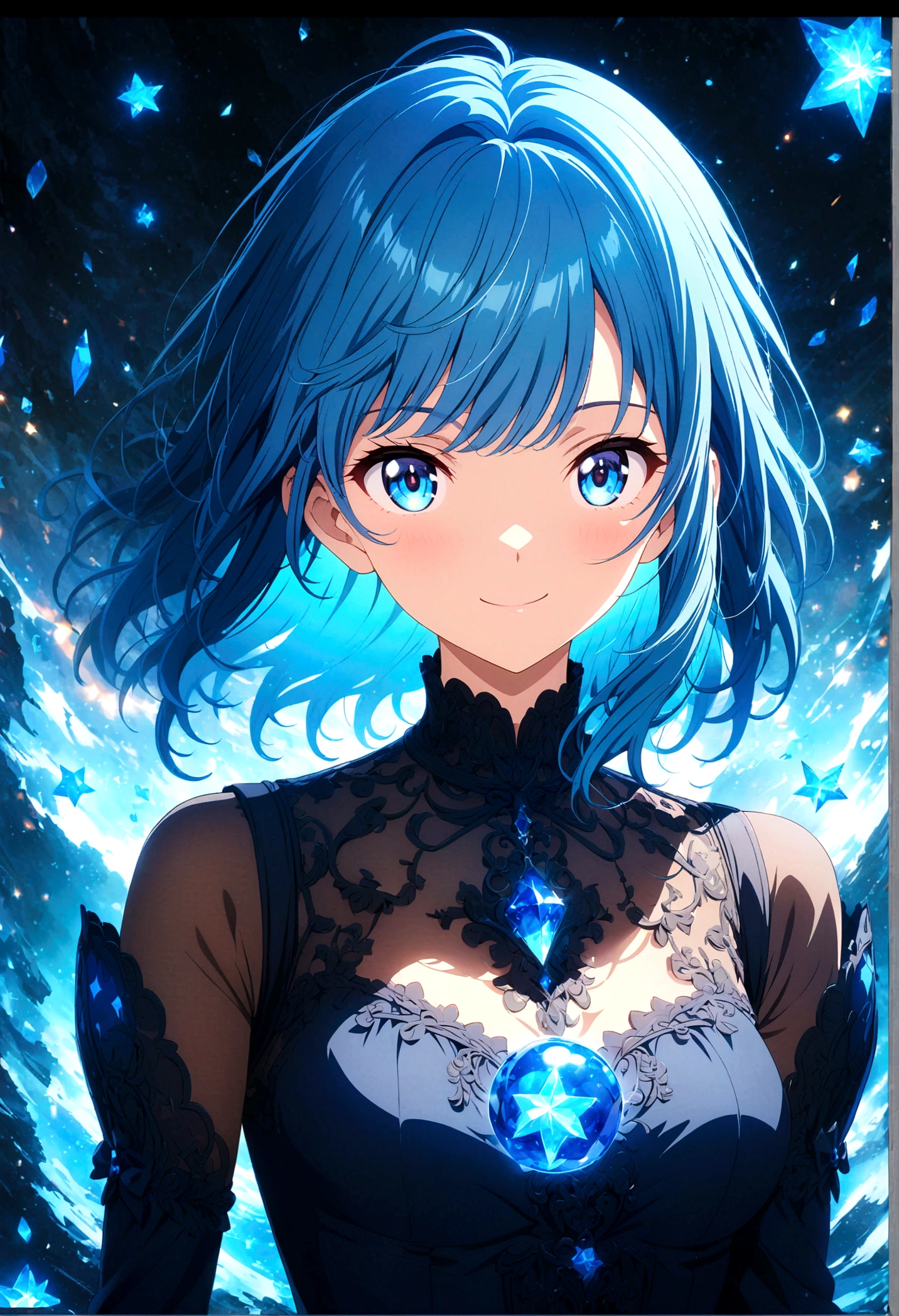 Anime style, ultra-detailed, 8K CG, blue-haired girl, smile, blue world, mysterious blue objects floating, star, musical note