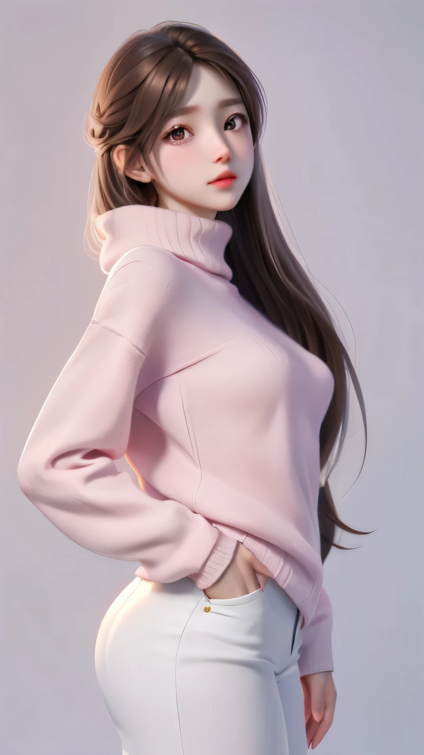 Girl, long straight brown hair, brown eyes, sharp features, white skin, shiny pink lips, perfect, sweater