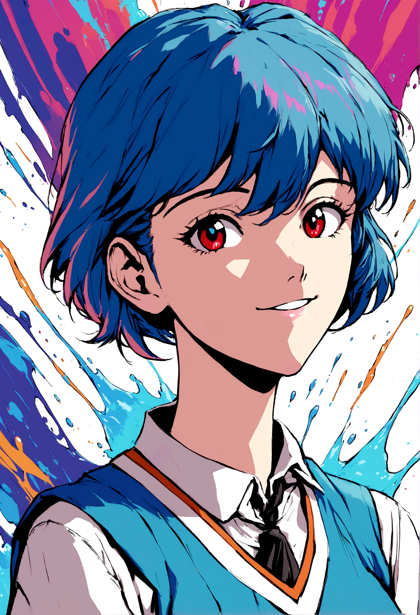 A masterpiece portrait of smiling Rei Ayanami (Evangelion), Evangelion (Hideaki), Caustics, High resolution illustrations, Red eyes, feminine, No students, Blue Hair,  short hair, Japanese , loafers, Spank, Synthwave, paint Splashs, Shaded flat illustration, Digital Art, Trending on Art Station, Very detailed, The finer details, Complex, Splash, Overtake, Vaporware, Neon color