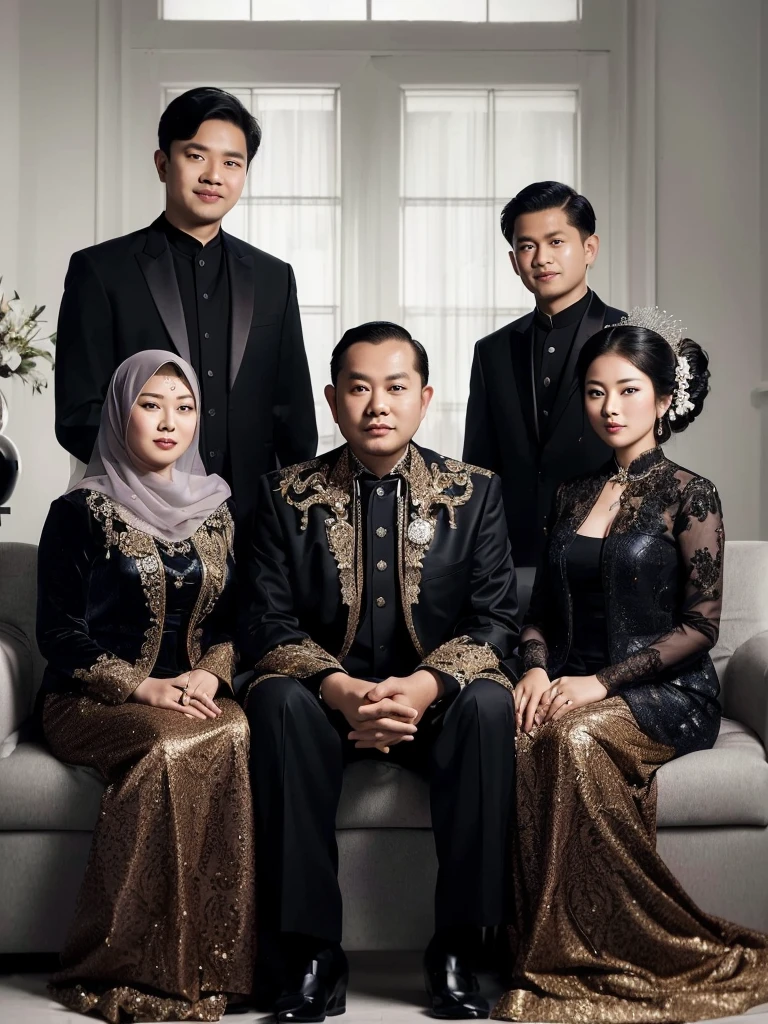 arafed family posing for a picture in formal attire, an indonesian family portrait, barong family, family portrait, full protrait, by Basuki Abdullah, barong family member, happy family, inspired by Basuki Abdullah, potrait, formal attire, portrait shot, protrait, mourning family, in majestic, taken in 2 0 2 0, classic portrait