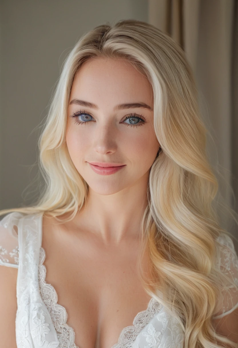 ((European Caucasian Woman))、((Maria, 18 years old))One person、Thin contours、Grey Eyes、Big Breasts、Narrow waist、White and translucent skin、Natural light blonde medium long hair、8-head-tall model style、Long dress、Waist-down angle、smile、Hotel Rooms