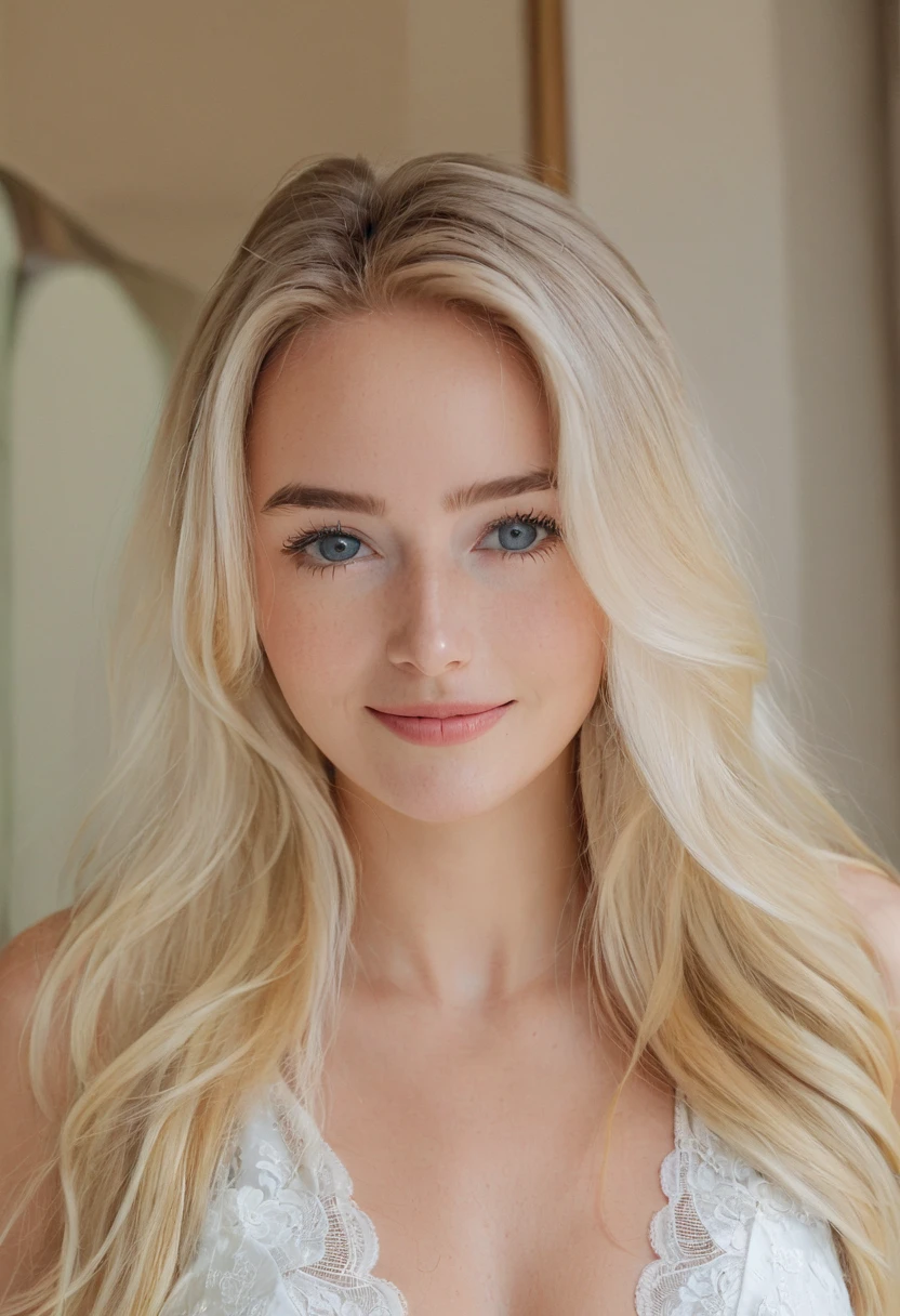 （（European Caucasian Woman））、（（Maria, 18 years old））One person、Thin contours、Grey Eyes、Big Breasts、Narrow waist、White and translucent skin、Natural light blonde medium long hair、8-head-tall model style、Long dress、Waist-down angle、smile、Hotel Rooms