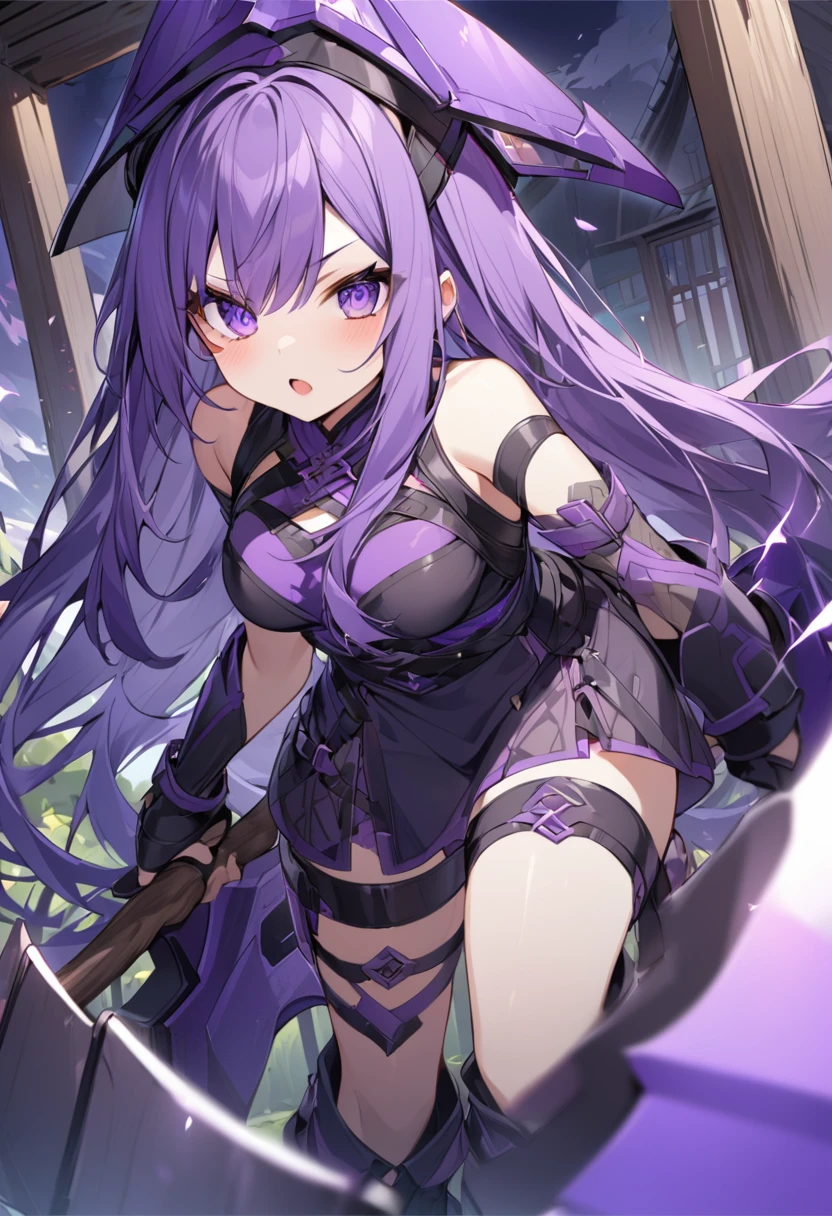 House long fence。Purple Eyes。Purple Hair。Purple big axe。