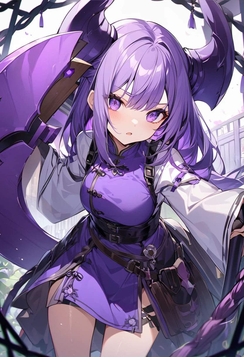 House long fence。Purple Eyes。Purple Hair。Purple big axe。