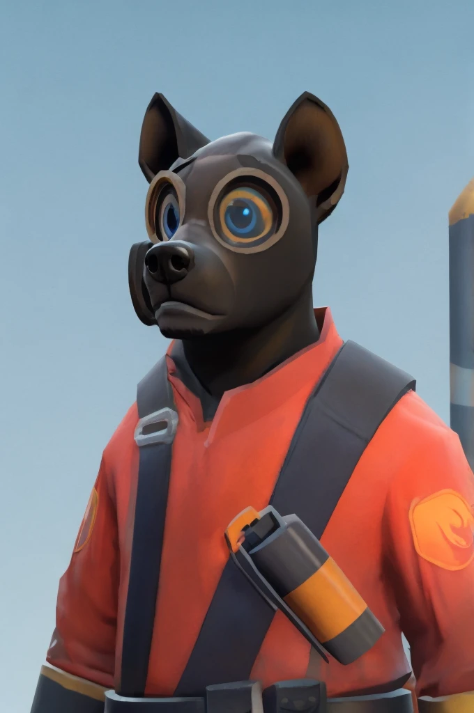 handsome, hyena, scruffy fringe, navy blue collar, blue eyes, good eyes, team fortress 2 style, dressed as pyro form team fortress 2