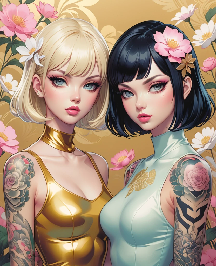 two beautiful young women with big shiny eyes and very long lashes wearing gold eye shadow, pink lipstick and tattoos on their necks posing together for an album cover, one has short black hair and the other is blonde with white bangs, they both have pastel colored flowers in thier background, anime aesthetic style, painted by Artgerm, samdoesart, James Jean, krenz cusher soft colors, chiaroscuro woodblock grain print.