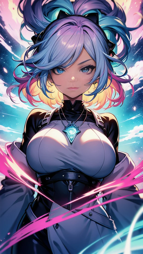 Close-up of a woman with colorful hair and necklace, Anime girl with space-like hair, Soft vitality of Ross Dres, Gubes-inspired artwork, Fantasy art style, colorful], Vivid fantasy style, Ross draws vibrant cartoons, universe and colorful, Gwaiz, colorful digital fantasy art, Great art style, Beautiful anime style, White skin, hulk clothes