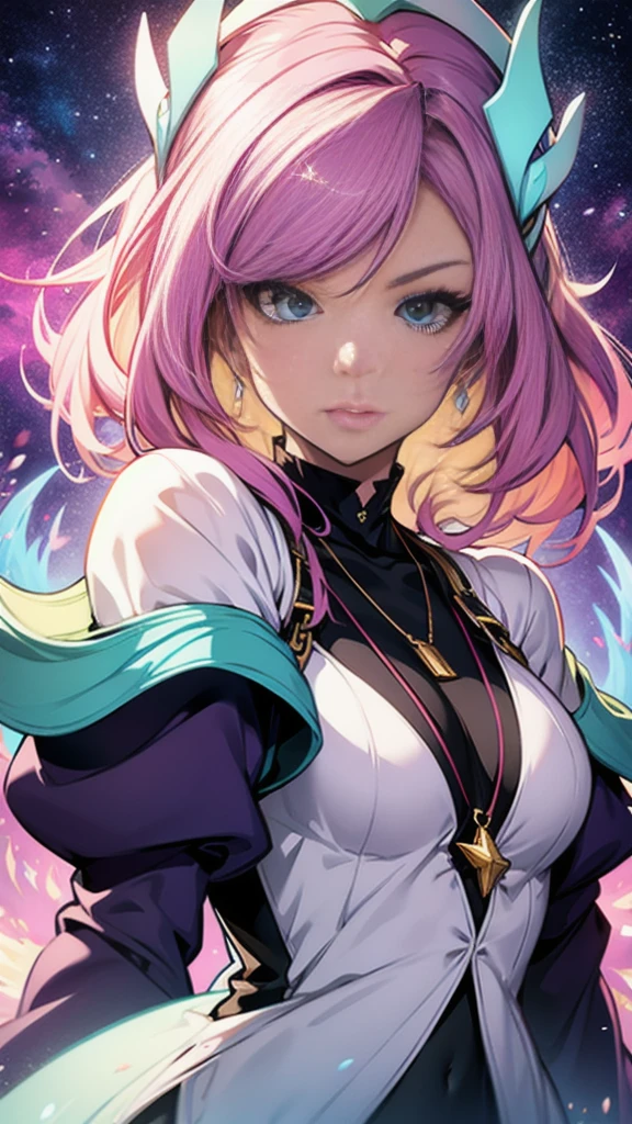 Close-up of a woman with colorful hair and necklace, Anime girl with space-like hair, Soft vitality of Ross Dres, Gubes-inspired artwork, Fantasy art style, colorful], Vivid fantasy style, Ross draws vibrant cartoons, universe and colorful, Gwaiz, colorful digital fantasy art, Great art style, Beautiful anime style, White skin, hulk clothes