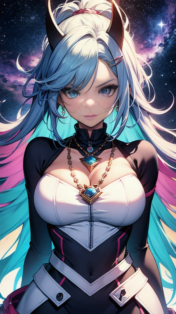 Close-up of a woman with colorful hair and necklace, Anime girl with space-like hair, Soft vitality of Ross Dres, Gubes-inspired artwork, Fantasy art style, colorful], Vivid fantasy style, Ross draws vibrant cartoons, universe and colorful, Gwaiz, colorful digital fantasy art, Great art style, Beautiful anime style, White skin, hulk clothes