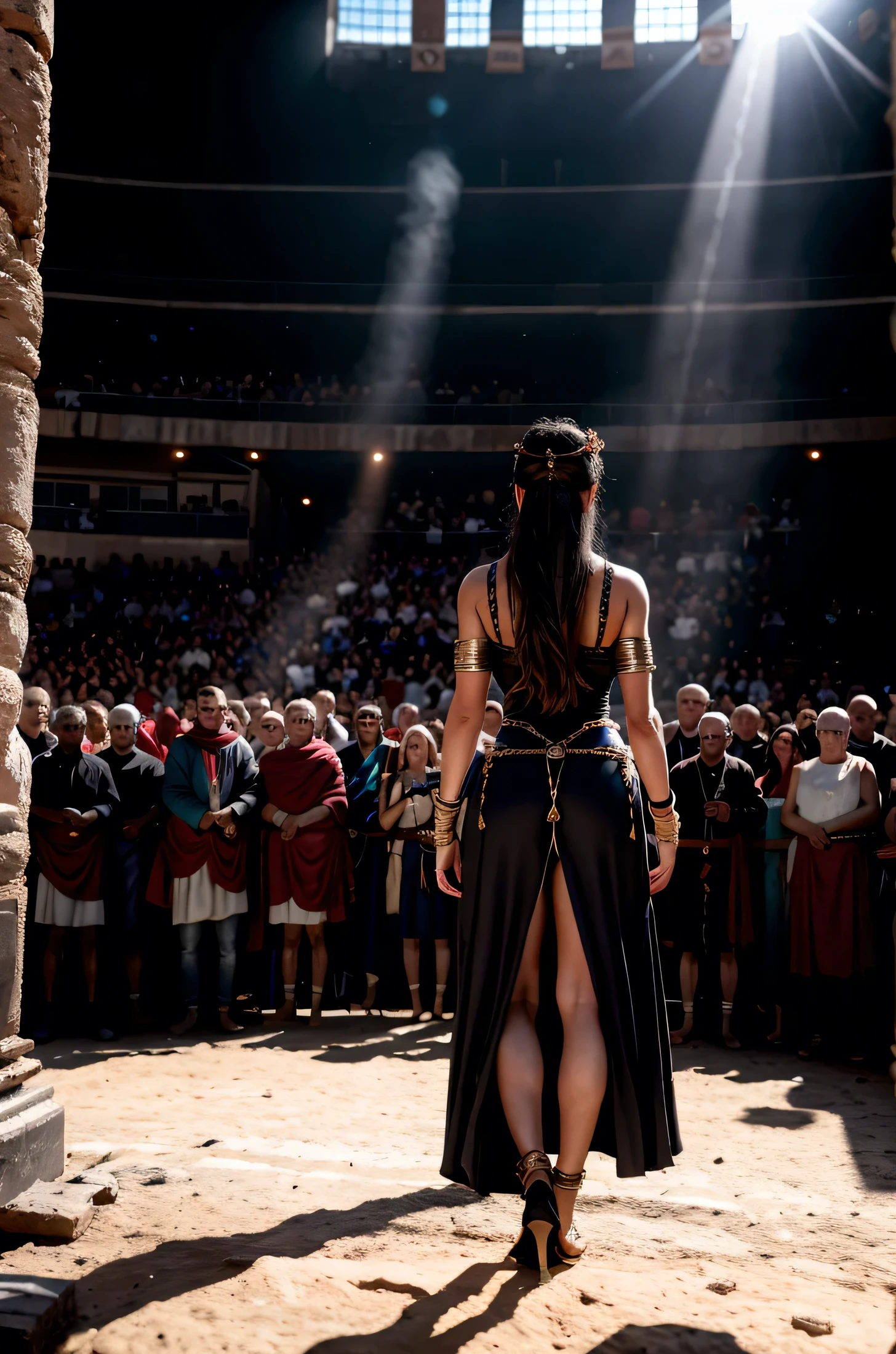Mesalina in a ancient rome 41bc, sexy outfit, crowd cheering in the background, dramatic sunlight streaming into the arena. Cinematic 8k uhd
