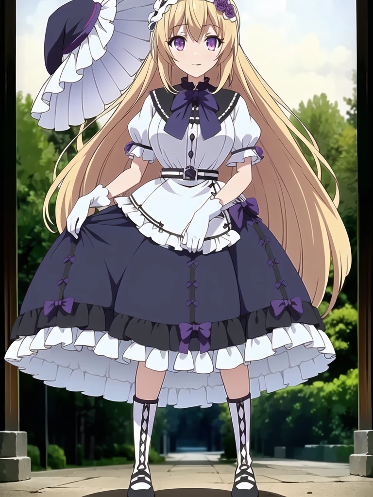 ((Best quality))),((Ultra-detailed)),((illustration)),((Disheveled hair)),((frilld)),(1 girl),(Solo), 1girl,flower,hat,rose,solo,standing,white_rose,rating:safe,belt,black_footwear,blonde_hair,blue_dress,blue_eyes,blue_hat,blue_headwear,boots,borzoi,clothing,cross-laced_footwear,dog,dress,female,female_only,footwear,gloves,hat_flower,headwear,long_hair,looking_at_viewer,makaria,smile,white_gloves, blonde hair,purple eyes,