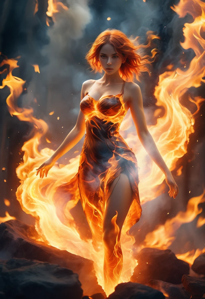 (photorealistic:1.5), (masterpiece, 8k raw photo, best quality:1.4),8k(theelementoffire:1.1),Composed of fire elements,(1个Giant Breast Girl:1.2),on fire,transparency,firey,(Molten rock),Flame skin,Flame print,fiery hair,smokes,​​clouds,Chopping,,A girl wrapped in flames, ((whole body, including legs)),((Standing)),(open thighs),(open legs), the flames soar and emit sparks,Burning hands,Translucent luminescence,