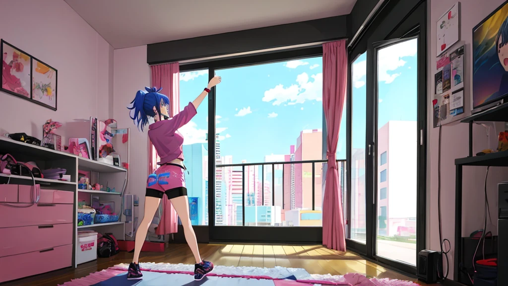 2d anime style, a woman in modern clothes dances in her room to the sound of electronic dance music