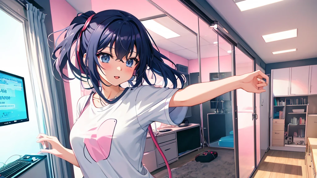 2d anime style, a woman in modern clothes dances in her room to the sound of electronic dance music