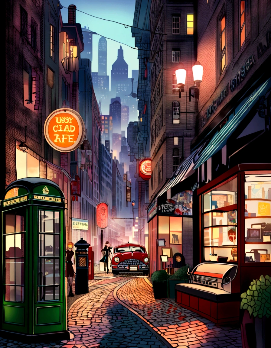 panoramic,Front display,Old Cars, Busy pedestrians, Lively atmosphere, Tall buildings, City skyline, Urban decay, Graffiti, Cobblestone Street, Retro店面, Smoggy streets, Neon, Street vendors, Metro entrance, Steam coming out of the manhole cover, display, Jazz music, IconicLandmarks, art deco buildings, Retro时尚, Retro, Bustling cafe, Street Performers, heavy traffic, brick buildings, Fire exits, Old-fashioned lampposts, Retro自行车, stylish hat, newsstand, Bustling market, car, Rusty Metal, Cityscape at dusk, Shadows and Highlights, Brick Wall, Cast iron door, Old telephone booth, aged texture, typewriter, Vinyl Records, Wooden bench, Street Lights, Fashion boutiques, nostalgic vibes,Lots of colorful cards ,Green Phone Booth