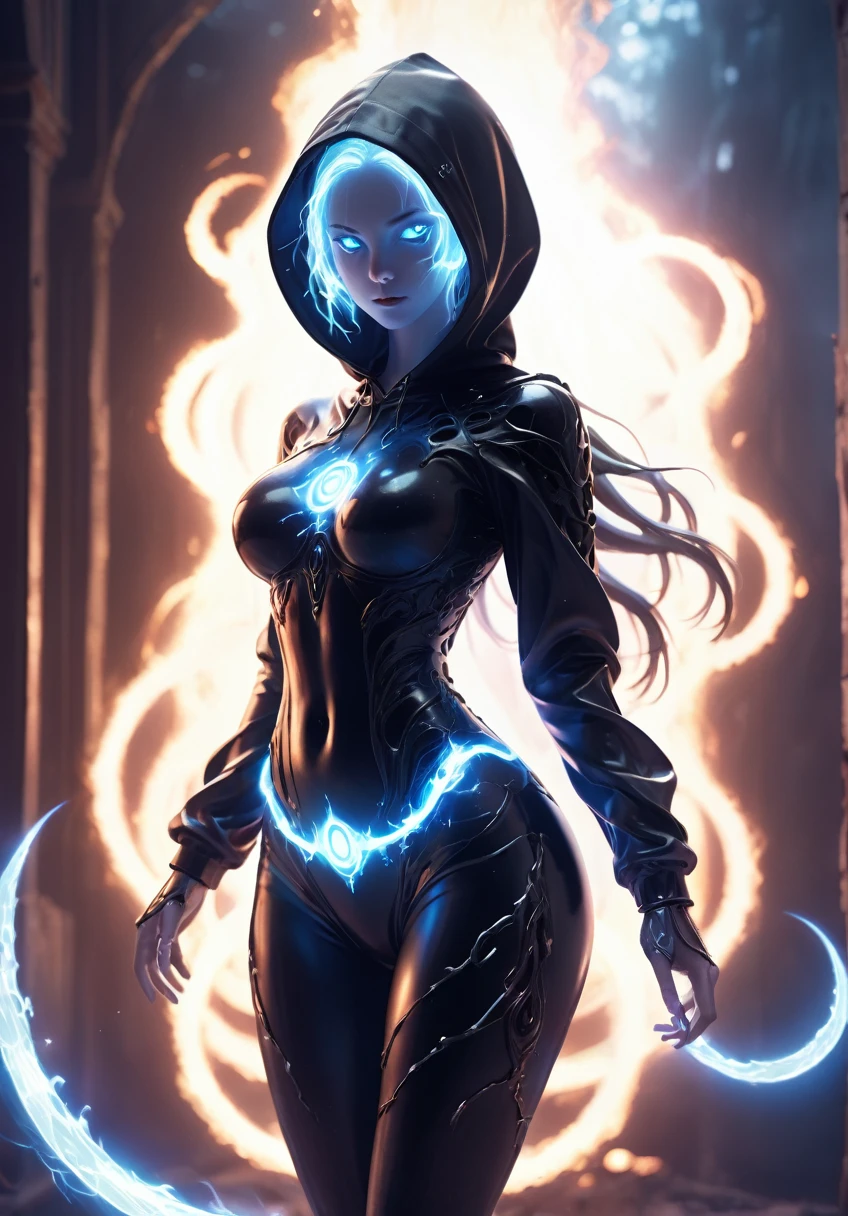 ((Dark)),epic,8k,fantasy,ultra detailed,Magic,((hood)),(hoodie),((((hair over one eye)))),((whole body, including legs)),((Standing)),(open thighs),(open legs)
casting spell,blackhole,menancing,((glowing eyes)) ((BLUE eyes)),((glowing)),((Bloom)),magnificent,Masterpiece,absurdres,best quality,standing,1girl,human,evil,evil grin,apocalypse,destruction,end of the world,crazy eyes,Crazy,psycothic,looking down,superior,(sadistic),((demoniac)),spear,spectral,ghostly,circle,rim,rim light,crescent,abyssal,
Shorts,groin,hip bones,hip lines cowboy shot,Magic Circle,excessive energy,scifi,abyssaltech,dark energy,ethereal,dissolving,see-through,abyss,antitech,scifi,pure energy,thighs,