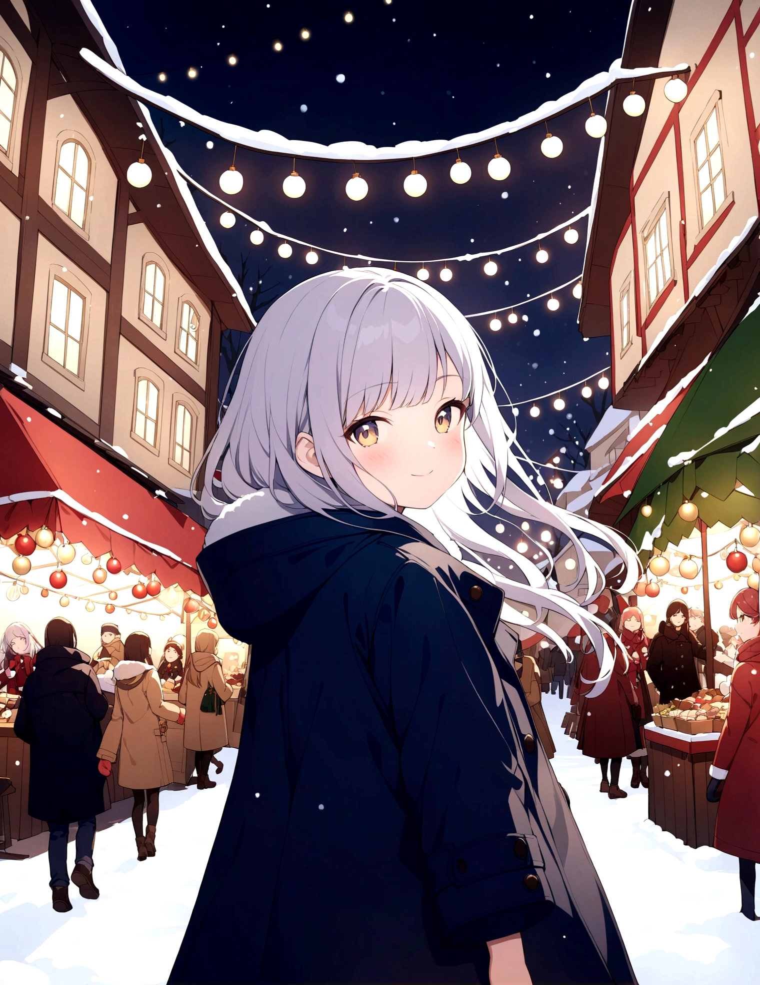 European style town, winter night, Christmas market, warm light, girl in coat, soft smile, upturned cheeks, soft moving hair, looking back, snow, ornaments, twinkling lights, gloves, mittens,