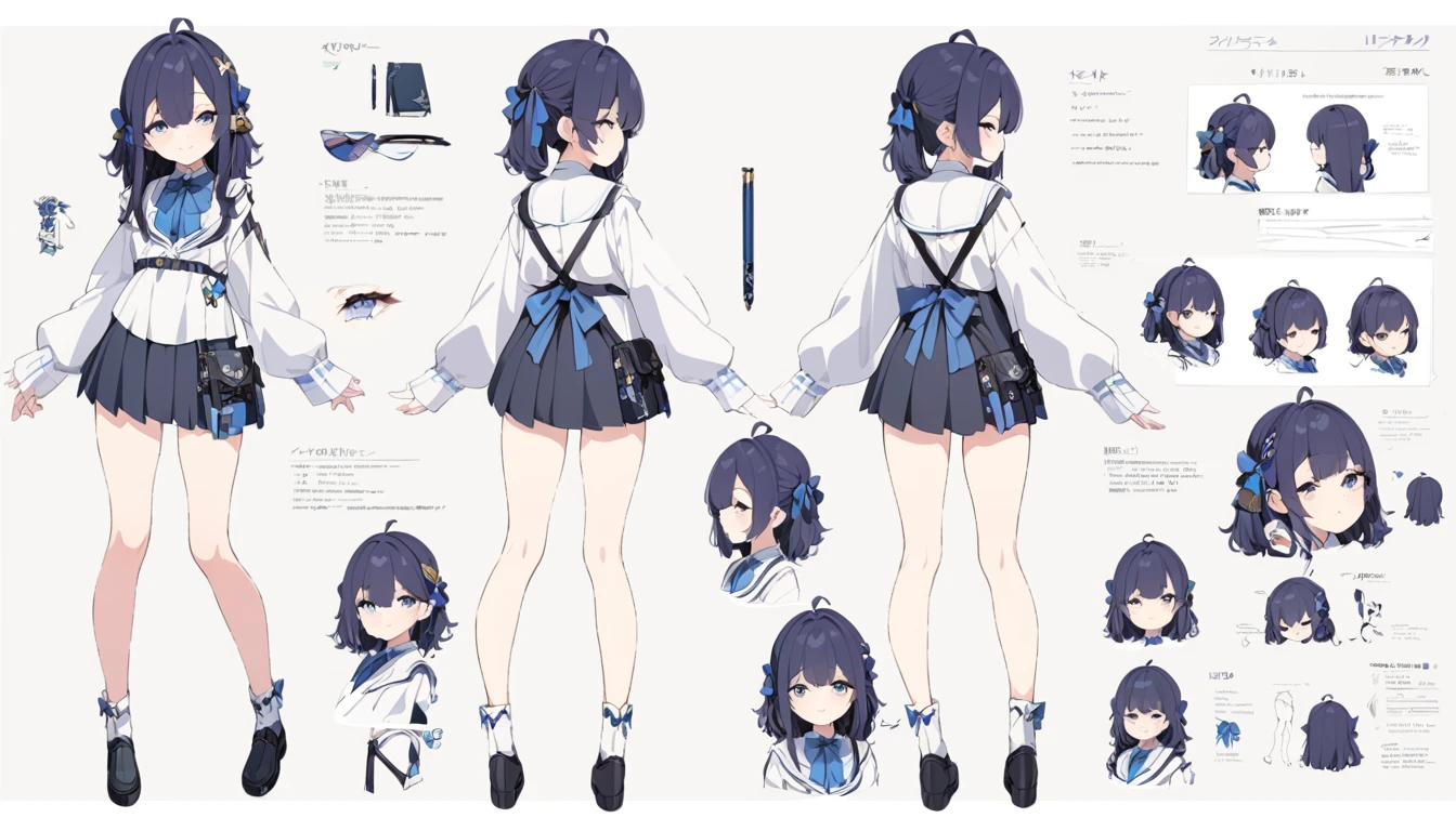 (best quality, masterpiece), 1girl, 15 yo,cute, standing girl, three view drawing, front and back and side, character sheet,full body,simple background,