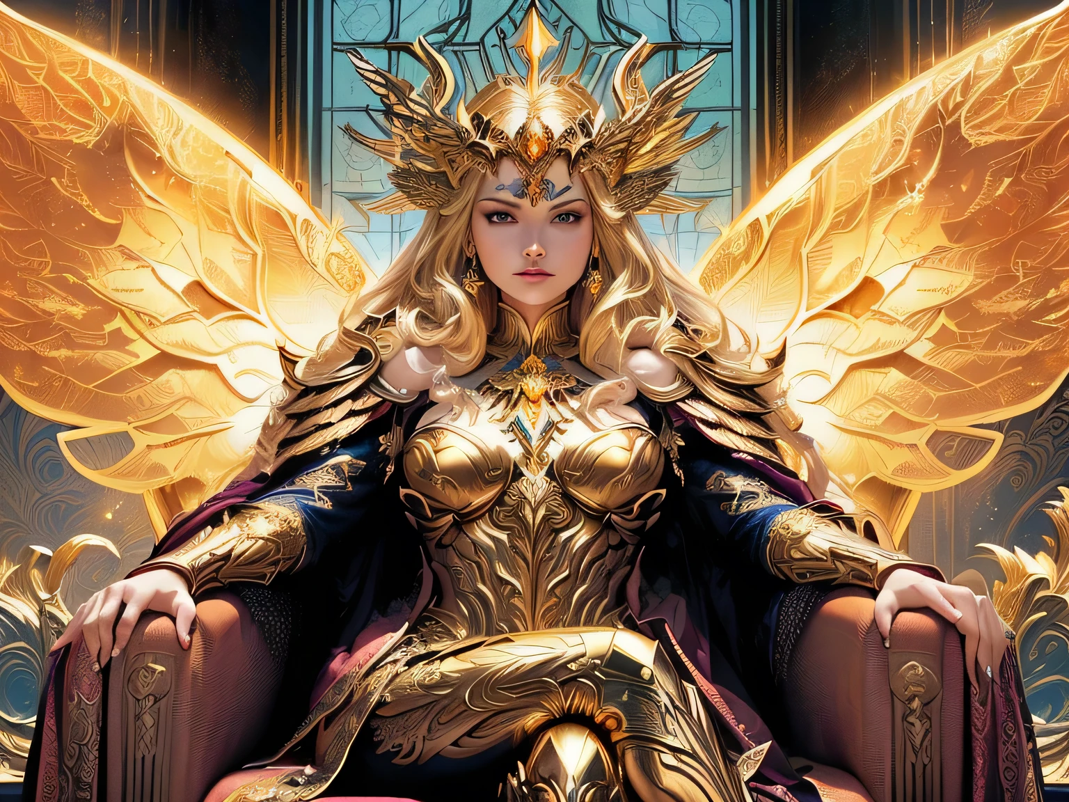 a woman in a golden costume sitting on a throne with wings, female lord of change, perched on intricate throne, sitting in a gilded throne, mystical atlantean valkyrie, portrait of queen of light, gold wings on head, artgerm julie bell beeple, by Mark Brooks, inspired by Philippe Druillet, sitting on a golden throne