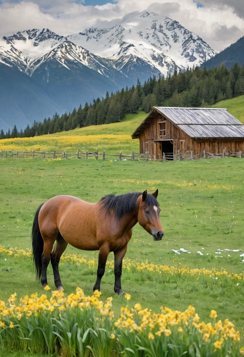 A brown wooden barn with a green roof in a lush green field of yellow flowers. There is a horse grazing in the foreground and snow-capped mountains in the background. The barn is made of wood and has a large door in front. The roof is green and has a slight坡度. The field is full of yellow flowers and there is a small stream running through it. The horse is brown and has a black mane and tail. It is grazing on the grass and looking at the camera. The mountains in the background are covered in snow and there are clouds in the sky. The image has a warm and inviting atmosphere.