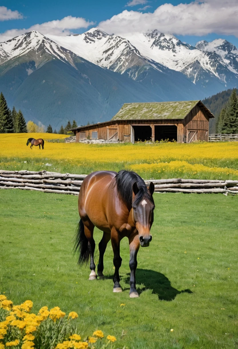 A brown wooden barn with a green roof in a lush green field of yellow flowers. There is a horse grazing in the foreground and snow-capped mountains in the background. The barn is made of wood and has a large door in front. The roof is green and has a slight坡度. The field is full of yellow flowers and there is a small stream running through it. The horse is brown and has a black mane and tail. It is grazing on the grass and looking at the camera. The mountains in the background are covered in snow and there are clouds in the sky. The image has a warm and inviting atmosphere.