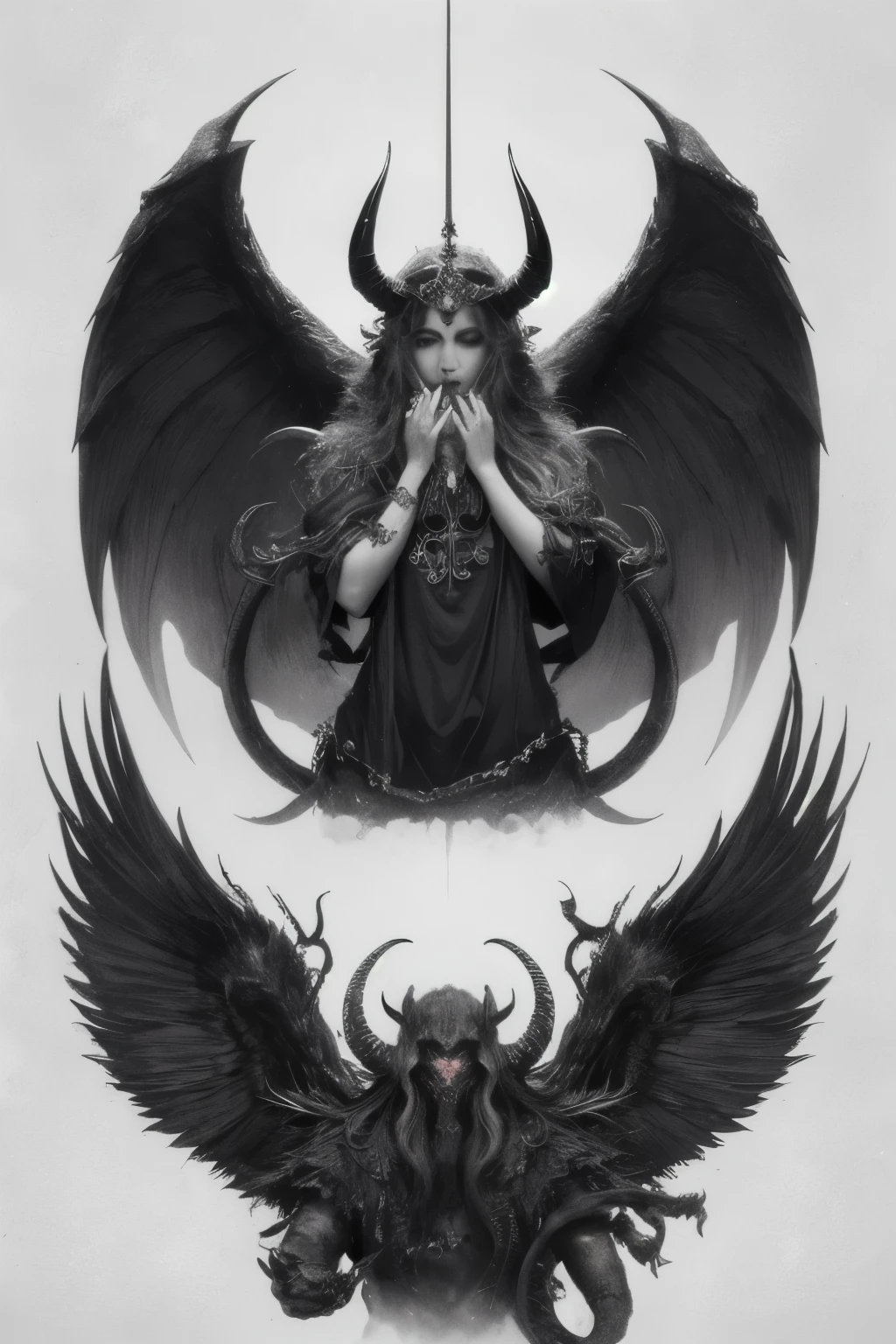 Create it with the following information:、The image colors are black and white、Delicate and blasphemous in beauty, yet a disaster々Shii、A pair of wings with claws、Has horns and eyes like a sheep、Deities in the Cthulhu Mythos