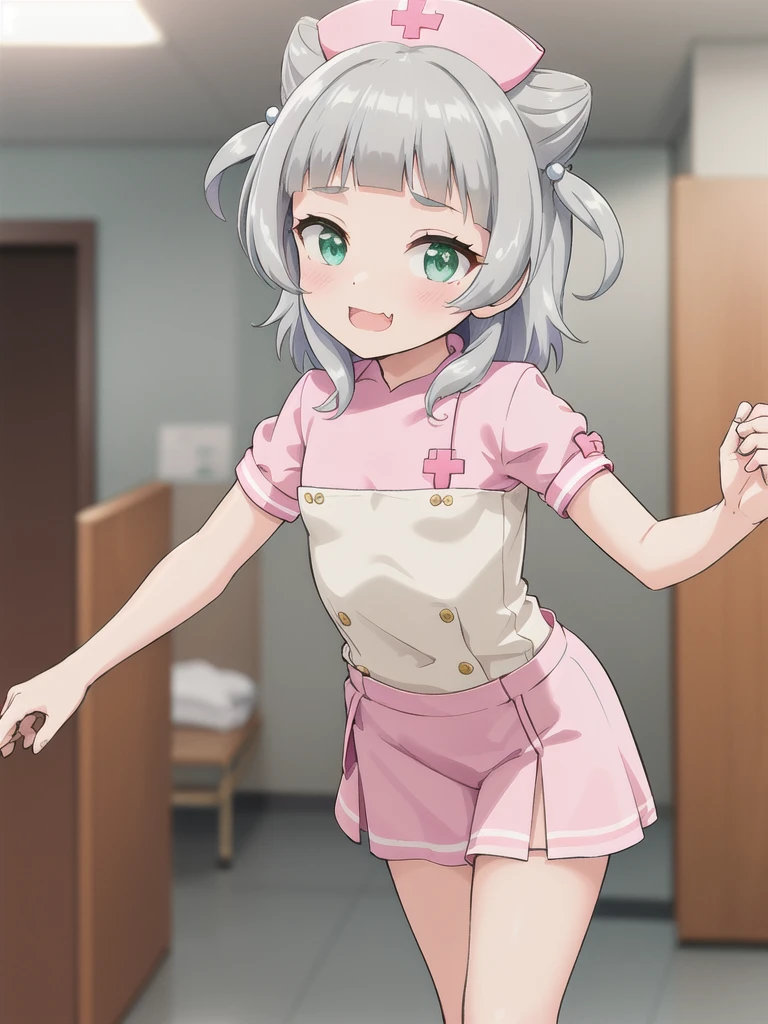 indoor,((hospital)),hospitalのベッド,breast focus, Green Eyes, Grey Hair, hair ornaments, bangs, Virtual YouTuber, Shine, blunt bangs, Double Bang, Animal ears, Flat Chest,Pink nurse uniform,Nurse hat,blush, ,, smile, orgasm,in heat,Are standing,topless,Pink bra,1boy,faceless male,male hands,{{{A man presses his hand against his chest}}}