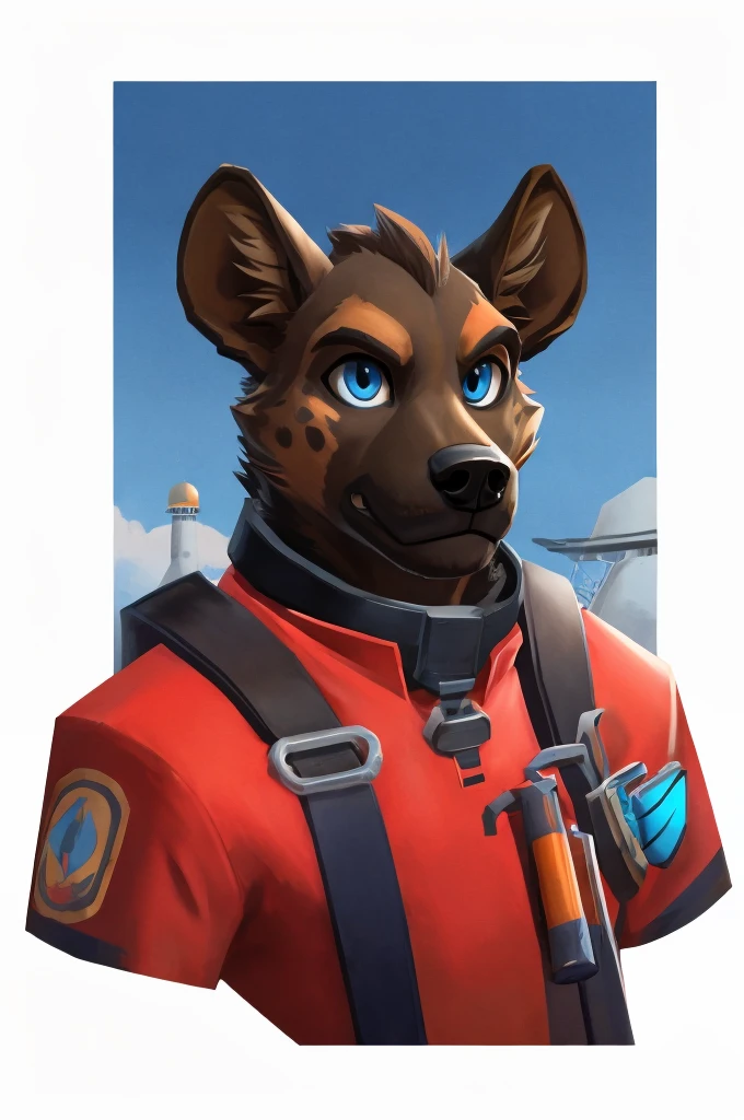 handsome, hyena, scruffy fringe, navy blue collar, blue eyes, good eyes, team fortress 2 style, dressed as pyro form team fortress 2