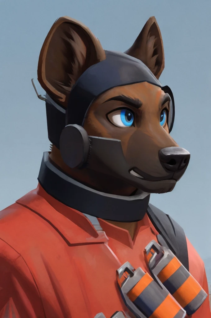 handsome, hyena, scruffy fringe, navy blue collar, blue eyes, good eyes, team fortress 2 style, dressed as pyro form team fortress 2