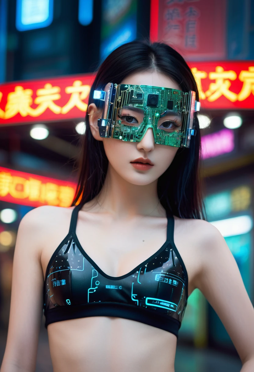 beautiful cyberpunk girl wearing a Futuristic head mounted display, (Delicate skin), Pale skin, (in a deep neckline highly detailed sexy Futuristic cyberpunk black crop top and underpants made of circuit boards, Cybernetics, Japanese words with glitter effect, Beautiful epic work, Futuristic, masterpiece, Sensual, is attractive, group photo