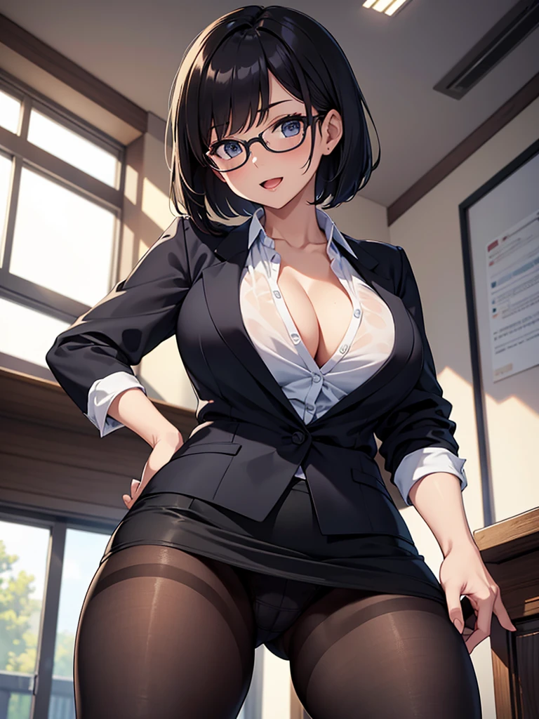masterpiece, best quality, high definition images, atmospheric perspective, expressive eyes, perfect face, ultra detailed, solo, 1mature seductive woman alluring, female teacher, black short bob hair, simple glasses, business suit, blouse, cleavage, pencil skirt, tight mini skirt, spread legs, panties, curvy, thighs, pantyhose, high heals, calm smile, open mouth, from below, in study room,