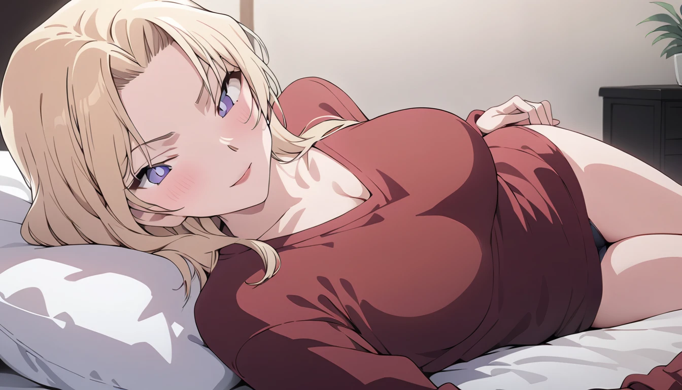 (masterpiece, best quality:1.5), ((Extremely detailed)), high resolution，Anime style，（Beautiful blonde woman, lying on the bed, red sweater, comfortable posture, perfect figure：1.3）