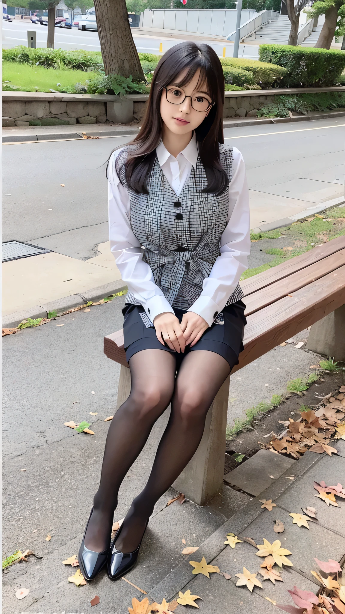 arafed asian woman sitting on a bench in a park, wearing japanese , Wearing ultra-realistic pantyhose、japanese girl , Japan , wearing headmistress uniform, Young Pretty Gravure Idol, photograph taken in 2 0 2 0, dressed as , mayuri shiina, Wearing glasses、Wearing , Wearing a strict business suit, Young skinny gravure idol, Seifuku