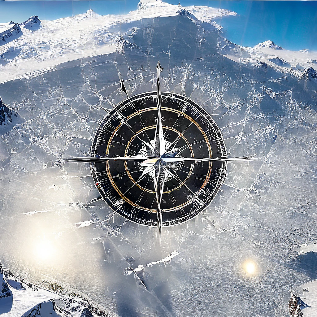 Ice compass,Covered with snow, behind them snowy mountains, sunlight,