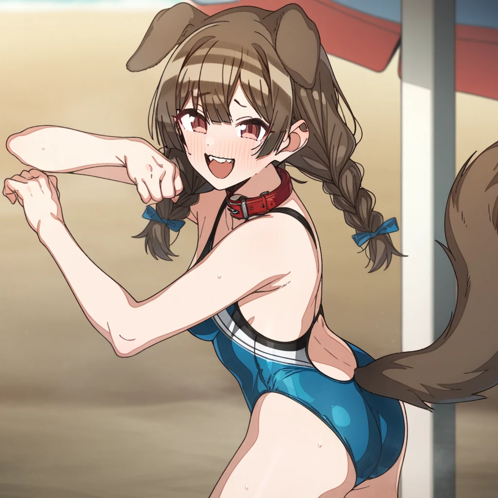 1girl, erere, idolmaster, idolmaster_shiny_colors, brown_hair, blunt_bangs, official art, absurdres, highres, blush, medium_breasts, breasts, smile, brown_eyes, censored, one-peice bathing suit, competitive swimsuit, blue swimsuit, dog_tail, animal_collar, twin_braids, dog_ears, bone_hair_ornament, raised_eyebrows, paw_pose, :d:0.5, teeth, raised_eyebrows, solo, (standing in middle, beach_umbrella), sky:0.5, detailed, sand, outdoors, from_side, looking_at_viewer, masterpiece, best_quality, great_quality, girl, center_composition, centered character, cute, ((very aesthetic, best quality, ultra detailed))
