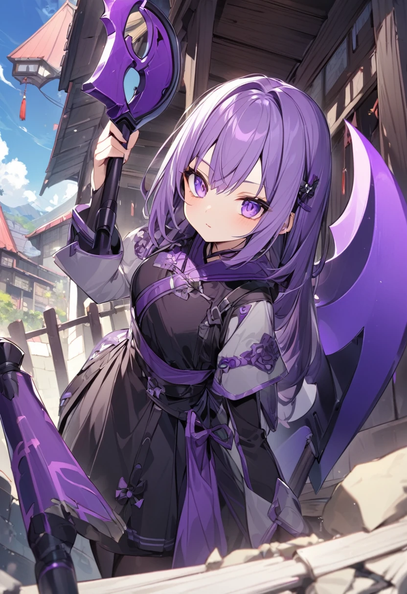 House long fence。Purple Eyes。Purple Hair。Purple big axe。