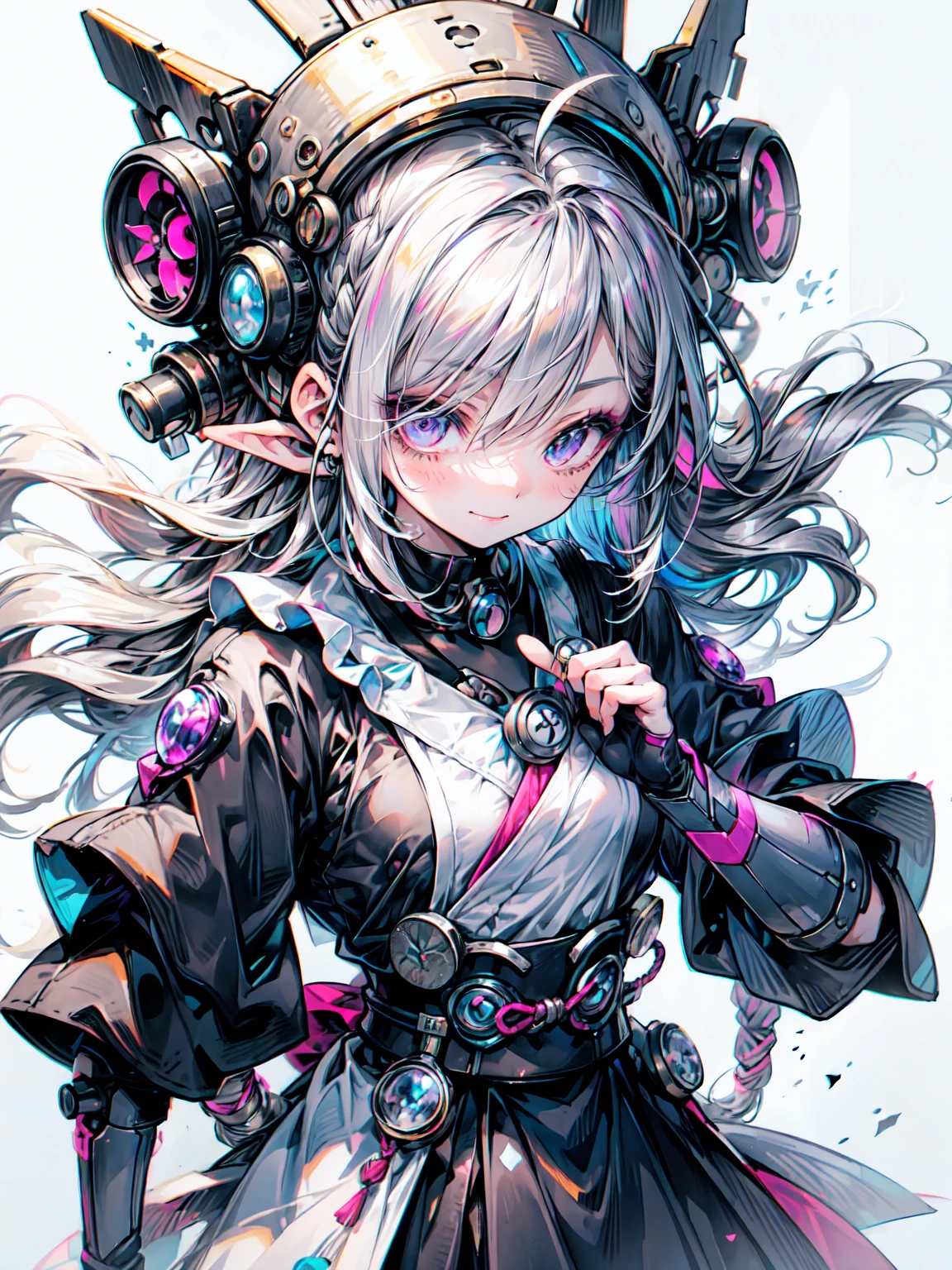 Cute Gal, dark, Japanese maid uniform with futuristic silhouette of a cyborg, Holding a samurai sword, whole body, Innocent Depression, Standing on a reflective surface against a minimalist light grey background、Blake、非常にdetailed (Dark Elf), (1 Girl), alone, Perfect Face, detailed, Ahoge, ((Long Hair:1.2)), (Hair above one eye:1.3), [[Messy Hair]], Shiny blonde white hair, Purple eyes, Variegated eyes, Colorful Hair, Shining Eyes, Bright Eyes, Face imprint, (eyelash, eye shadow, pink eye shadow), smile, Design Art：haruhiko mikimoto, by Kawashi, By Yoshitaka Amano