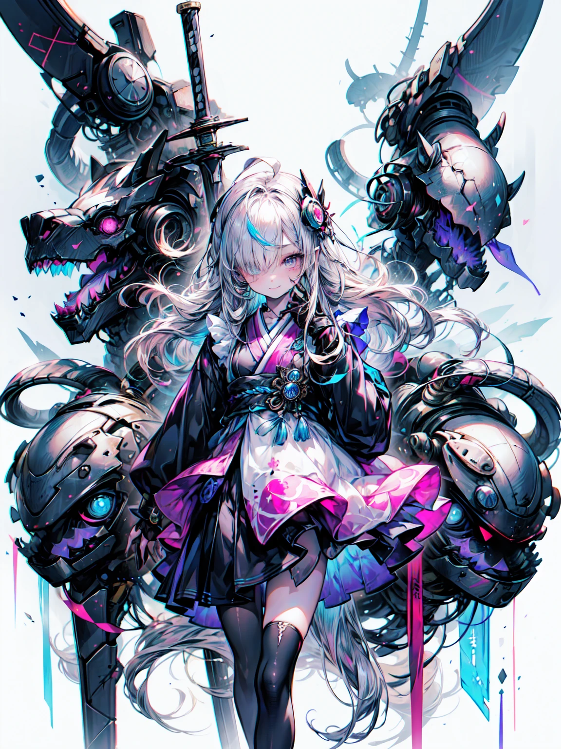 Cute Gal, dark, Japanese maid uniform with futuristic silhouette of a cyborg, Holding a samurai sword, whole body, Innocent Depression, Standing on a reflective surface against a minimalist light grey background、Blake、非常にdetailed (Dark Elf), (1 Girl), alone, Perfect Face, detailed, Ahoge, ((Long Hair:1.2)), (Hair above one eye:1.3), [[Messy Hair]], Shiny blonde white hair, Purple eyes, Variegated eyes, Colorful Hair, Shining Eyes, Bright Eyes, Face imprint, (eyelash, eye shadow, pink eye shadow), smile, Design Art：haruhiko mikimoto, by Kawashi, By Yoshitaka Amano