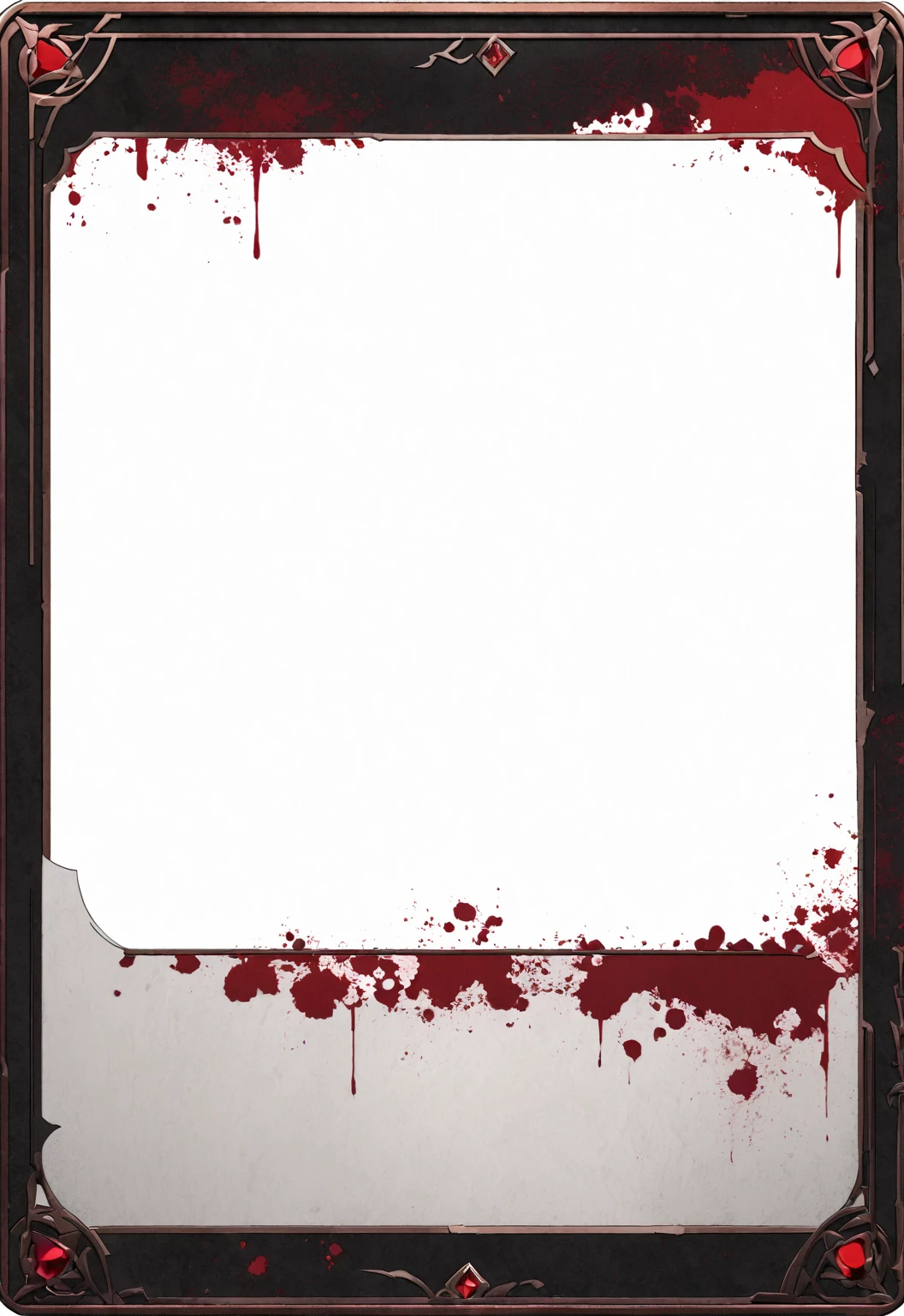 A card border UI，Modern urban minimalist style，Noble and elegant dark suspense style，Leave a square blank space in the middle，There is a ruby under the bezel，There are sapphires on the left and right corners.。Redwood frame，Parchment backing，There are blood stains on it。Black and white main color。