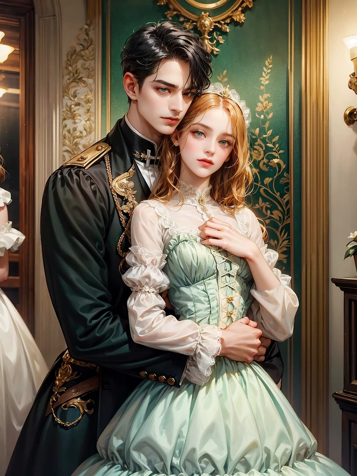 Couple, 1 girl 1 boy. Different hair color, cropped black hair and green eyes, small breast, victorian era unglued dress, short black hair, wavy hair and (sky blu eyes) , male Victorian era dress. They look at the viewers. The hug. Background inside of a hall
