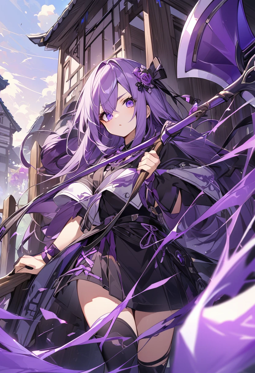 House long fence。Purple Eyes。Purple Hair。Purple big axe。