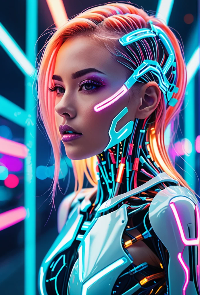 cybernetic style Ultimate fusion of technology and allure, Cosmic Cyber Warrior. Embodying the creative genius of Jovana Rikalo, Brandon Woelfel, and Ross Tran, spectacular cosmic landscapes fraught with otherworldly conflict. Shimmering cables course beneath her translucent epidermis, connecting to powerful vertebrae that support a resplendent skull adorned with cascading neon undercut locks. Mysterious constellations twinkle ominously overhead, casting eerie shadows on the ground below. This masterpiece encapsulates the quintessential essence of science fiction, presenting a highly detailed exploration of extraterrestrial themes guaranteed to captivate audiences worldwide. . futuristic, technological, cybernetic enhancements, robotics, artificial intelligence themes