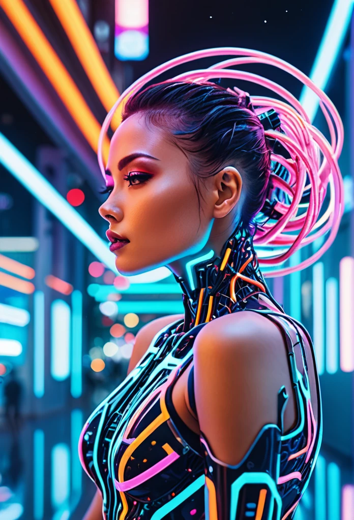 cybernetic style Ultimate fusion of technology and allure, Cosmic Cyber Warrior. Embodying the creative genius of Jovana Rikalo, Brandon Woelfel, and Ross Tran, spectacular cosmic landscapes fraught with otherworldly conflict. Shimmering cables course beneath her translucent epidermis, connecting to powerful vertebrae that support a resplendent skull adorned with cascading neon undercut locks. Mysterious constellations twinkle ominously overhead, casting eerie shadows on the ground below. This masterpiece encapsulates the quintessential essence of science fiction, presenting a highly detailed exploration of extraterrestrial themes guaranteed to captivate audiences worldwide. . futuristic, technological, cybernetic enhancements, robotics, artificial intelligence themes