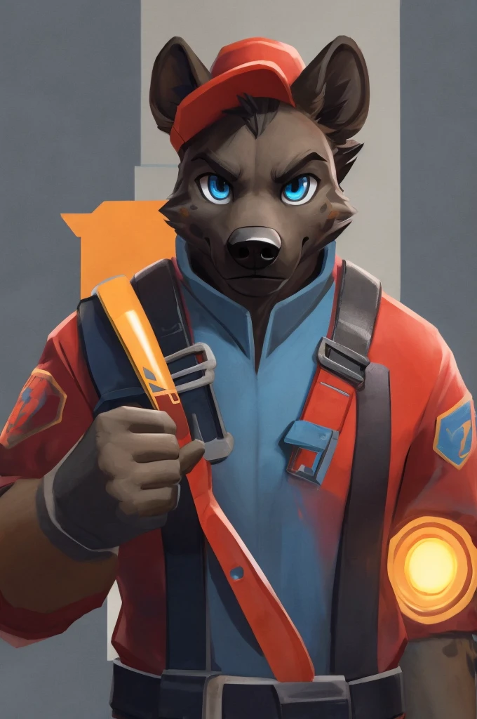 handsome, hyena, scruffy fringe, navy blue collar, blue eyes, good eyes, team fortress 2 style, dressed as pyro form team fortress 2