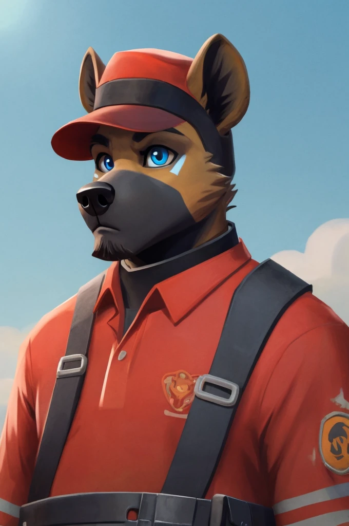 handsome, hyena, scruffy fringe, navy blue collar, blue eyes, good eyes, team fortress 2 style, dressed as pyro form team fortress 2