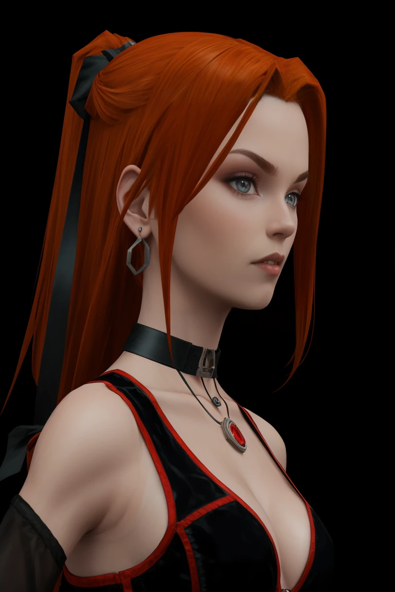 
concept art, dark theme, vampire castle background at night, low light, ((score_9), score_8_up, score_7_up), score_6_up, score_4_up, score_5_up, 1girl, rayneclassic, solo, choker, long hair, looking down, black choker, piercing, breasts, closed mouth, jewelry, cleavage, ear piercing, earrings, portrait, red lips, upper body, collarbone, blush, shiny, black background, bare shoulders, bangs, grey hair, hair behind ear, freckles, half-closed eyes, off shoulder, lips, shiny hair, black shirt, medium breasts, blue eyes, smile, 